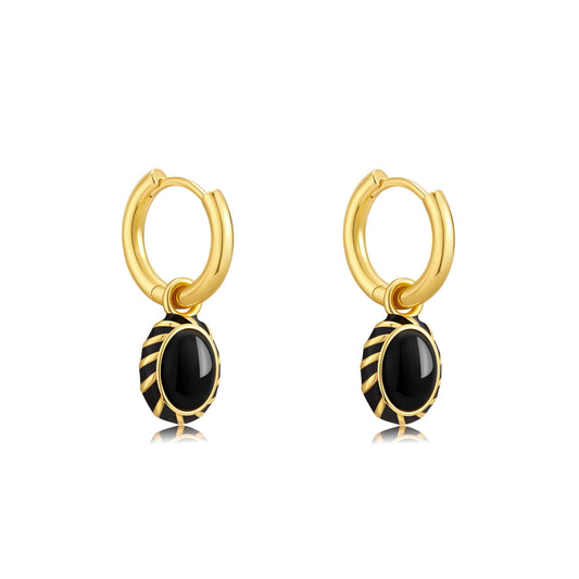 SUIHE Jewelry "Eclipse" black onyx and enamel pendant earrings crafted in gold-plated sterling silver, 13mm hoops with 8.5x11mm pendants.