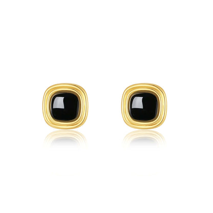 "Nocturne" black onyx square earrings in 18k gold vermeil by SUIHE Jewelry, elegant and bold statement piece for day or night wear.
