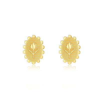 Golden Tulip Earrings by SUIHE Jewelry in 18k Gold Vermeil inspired by tulips, 14mm x 20mm, hypoallergenic for sensitive skin.