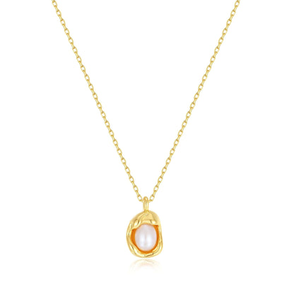 "Elysian" freshwater pearl necklace by SUIHE Jewelry, featuring a 5.5mm pearl with 18k gold vermeil over sterling silver.