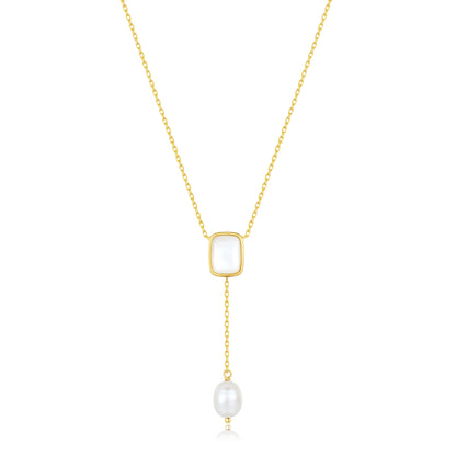 SUIHE Jewelry Allure Mother-Of-Pearl with Pearl Drop Necklace, featuring adjustable chain, mother-of-pearl pendant, and irregular pearls.