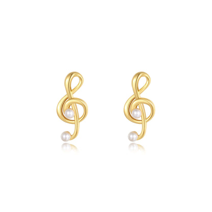 Aria stud earrings in 18k gold vermeil over sterling silver, designed by SUIHE Jewelry. Features a refined musical note shape with pearl accents.